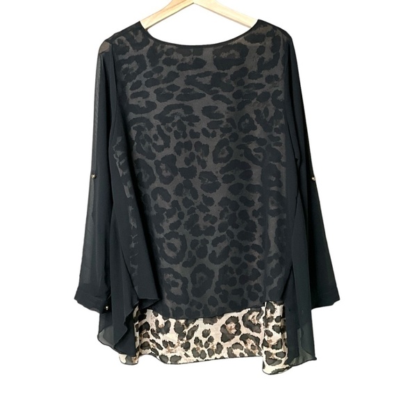 K d. BEAUTIFUL Poly Chiffon Animal Print Blouse w/ Black Chiffon Overlay Sz XL - Picture 4 of 11